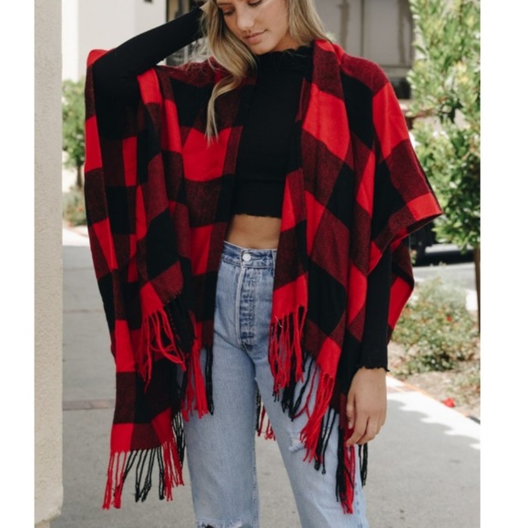 Red & Black Buffalo Check Plaid Print Tassel Cozy Classic Open Shawl Poncho - Picture 5 of 13